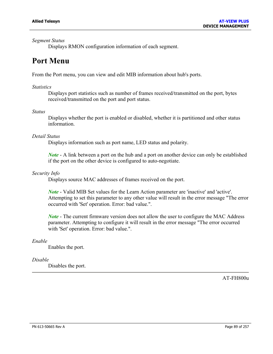 Port menu | Allied Telesis AT-VIEW PLUS 3.0 DEVICE MANAGEMENT User Manual | Page 89 / 257