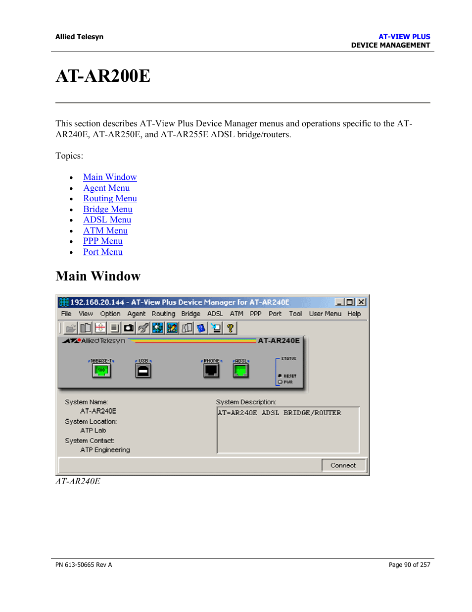 At-ar200e, Main window | Allied Telesis AT-VIEW PLUS 3.0 DEVICE MANAGEMENT User Manual | Page 90 / 257