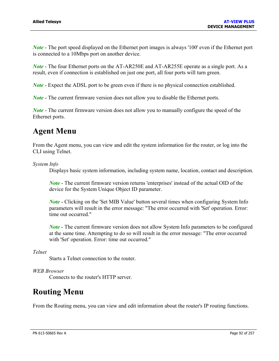Agent menu, Routing menu, Agent menu routing menu | Allied Telesis AT-VIEW PLUS 3.0 DEVICE MANAGEMENT User Manual | Page 92 / 257