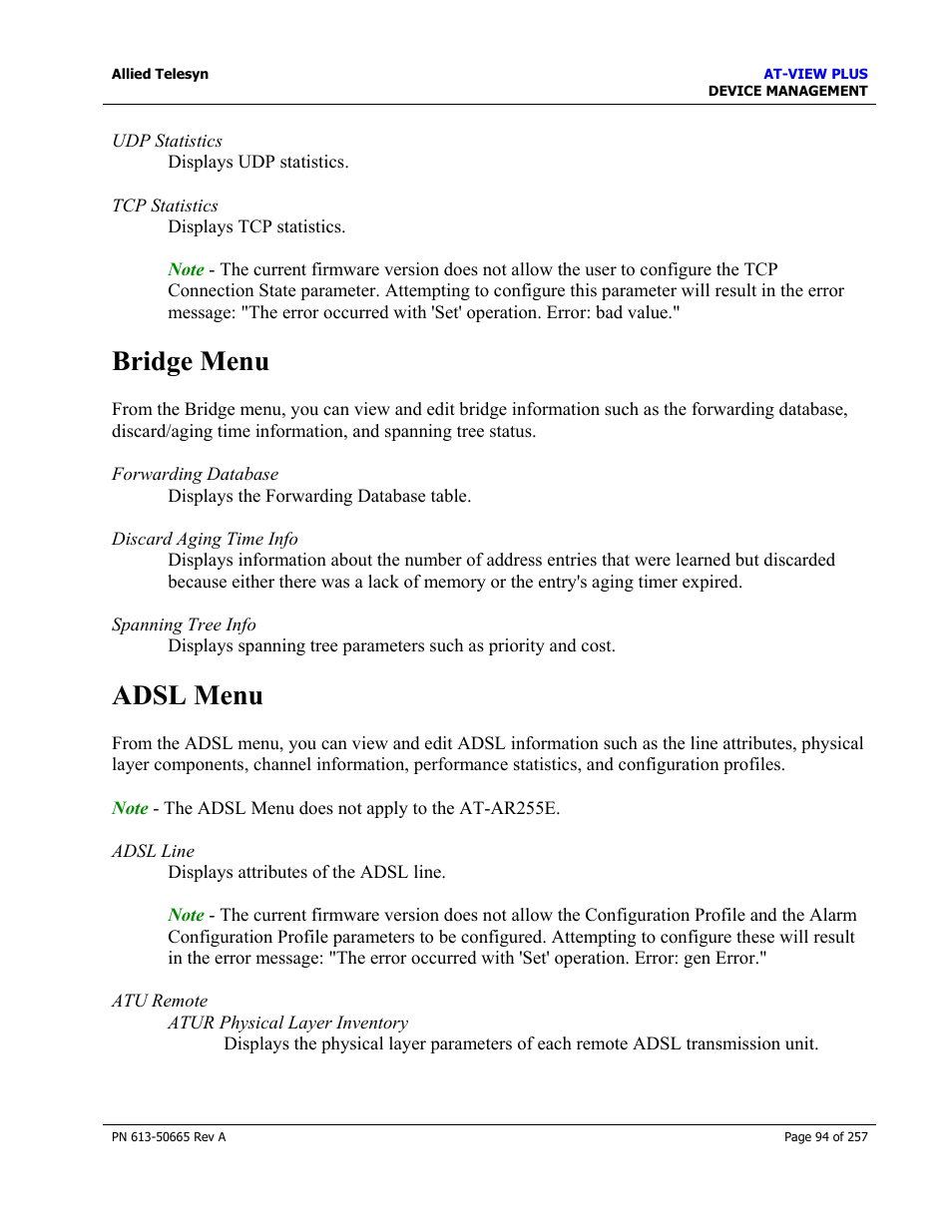 Bridge menu, Adsl menu, Bridge menu adsl menu | Allied Telesis AT-VIEW PLUS 3.0 DEVICE MANAGEMENT User Manual | Page 94 / 257