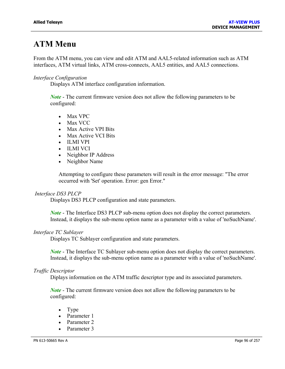 Atm menu | Allied Telesis AT-VIEW PLUS 3.0 DEVICE MANAGEMENT User Manual | Page 96 / 257