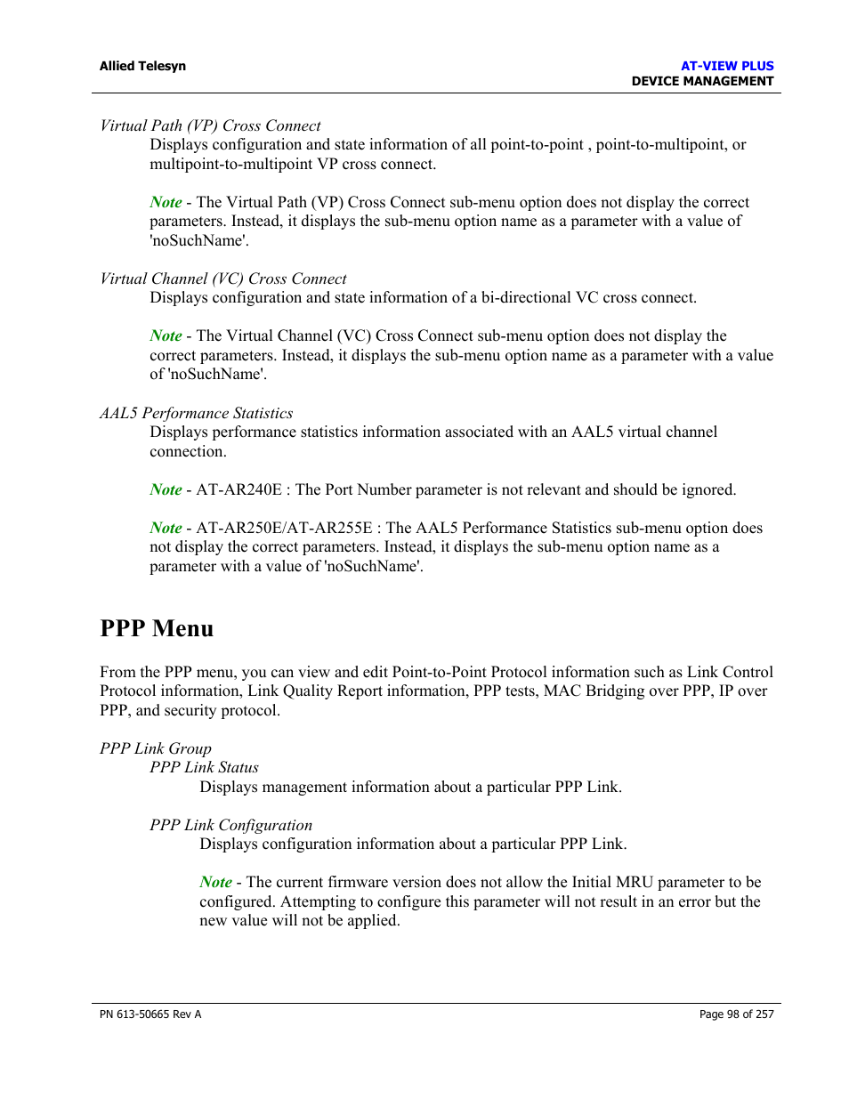 Ppp menu | Allied Telesis AT-VIEW PLUS 3.0 DEVICE MANAGEMENT User Manual | Page 98 / 257