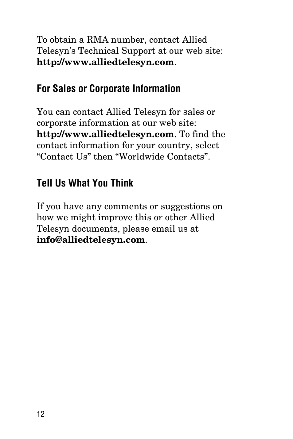 For sales or corporate information, Tell us what you think | Allied Telesis AT-FS708LE User Manual | Page 12 / 50