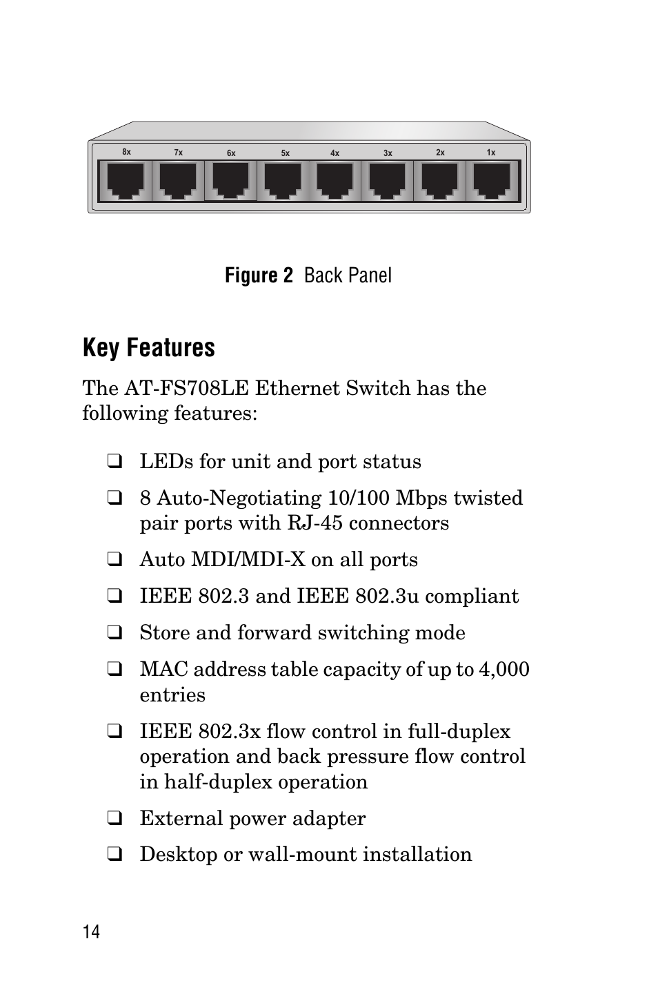 Key features, Figure 2 back panel | Allied Telesis AT-FS708LE User Manual | Page 14 / 50