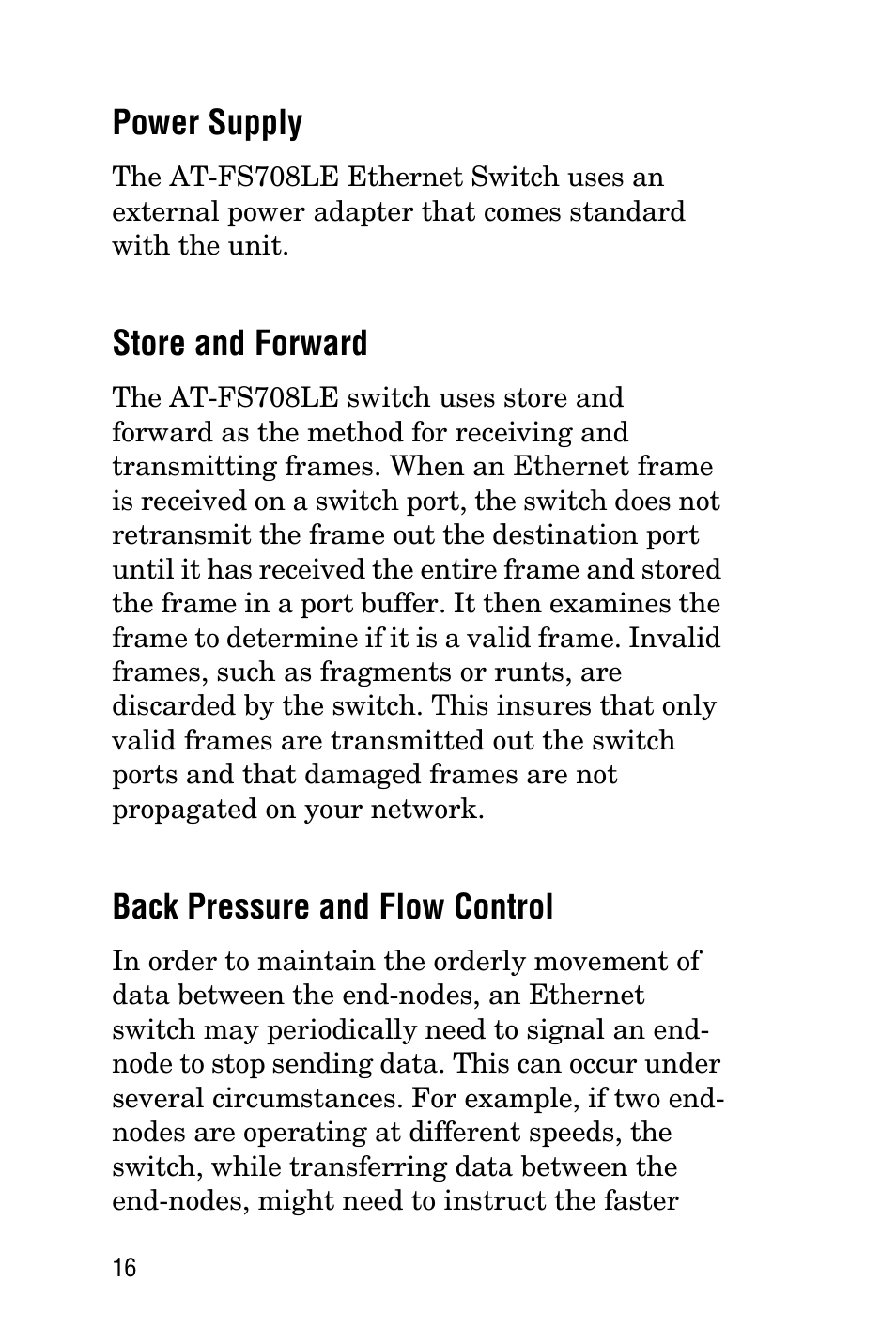 Power supply, Store and forward, Back pressure and flow control | Allied Telesis AT-FS708LE User Manual | Page 16 / 50
