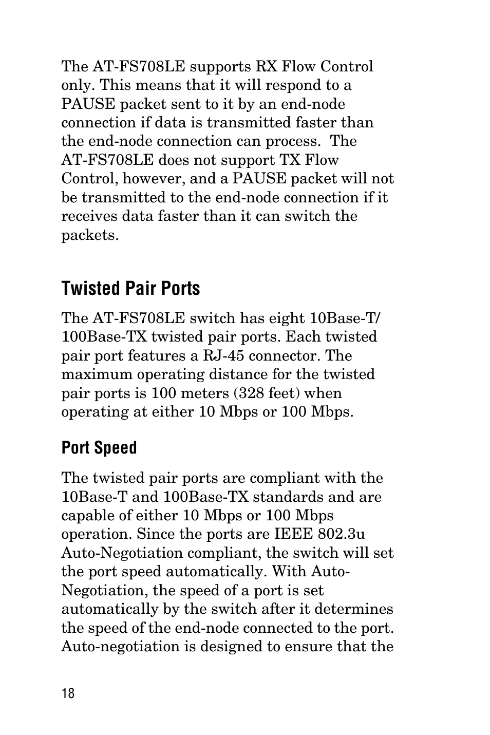 Twisted pair ports, Port speed | Allied Telesis AT-FS708LE User Manual | Page 18 / 50