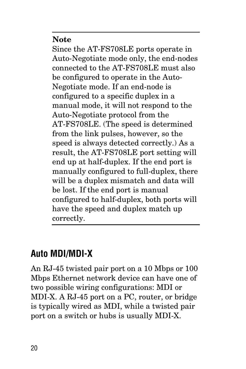 Auto mdi/mdi-x | Allied Telesis AT-FS708LE User Manual | Page 20 / 50