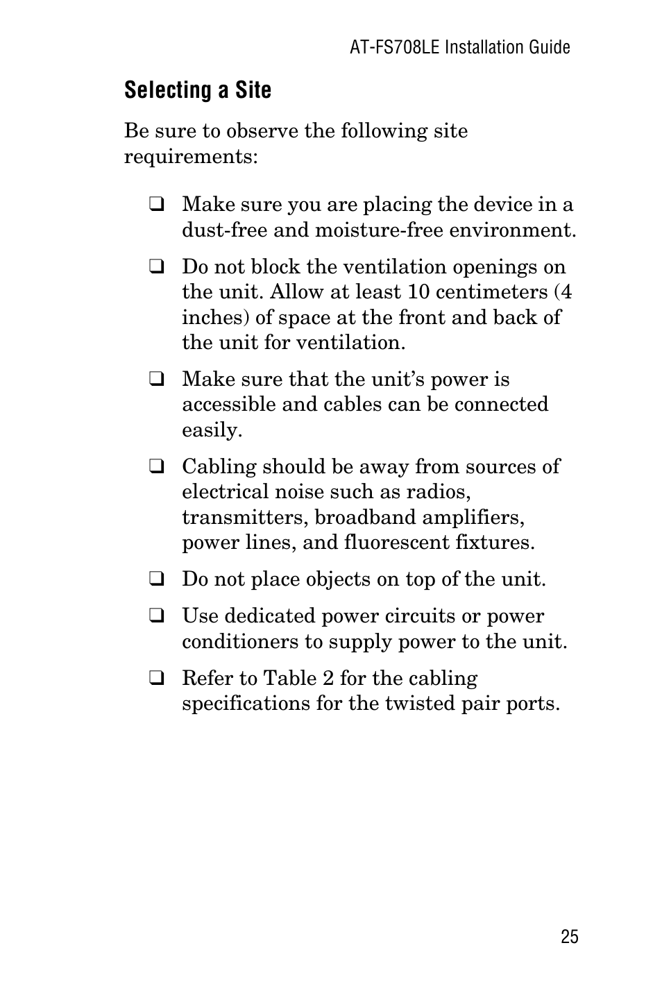 Selecting a site | Allied Telesis AT-FS708LE User Manual | Page 25 / 50