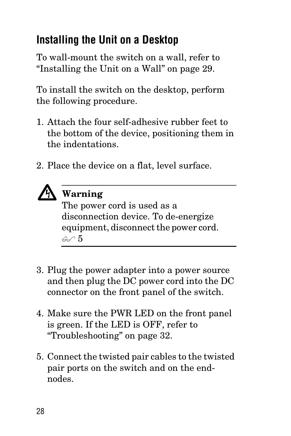 Installing the unit on a desktop | Allied Telesis AT-FS708LE User Manual | Page 28 / 50