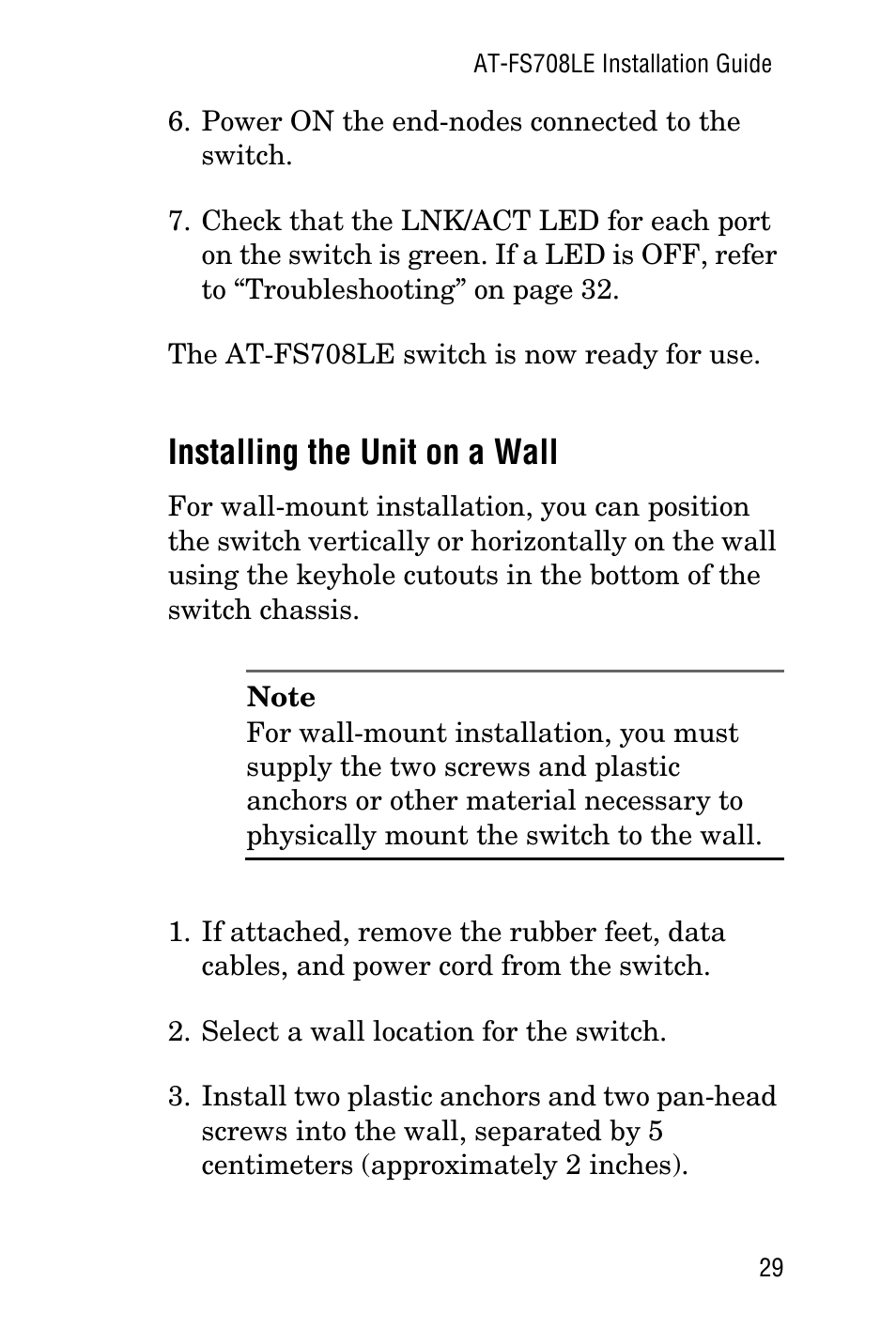 Installing the unit on a wall | Allied Telesis AT-FS708LE User Manual | Page 29 / 50