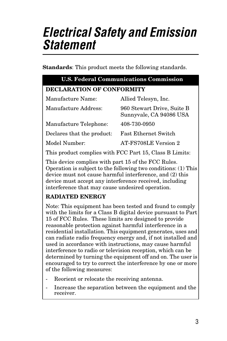 Electrical safety and emission statement | Allied Telesis AT-FS708LE User Manual | Page 3 / 50