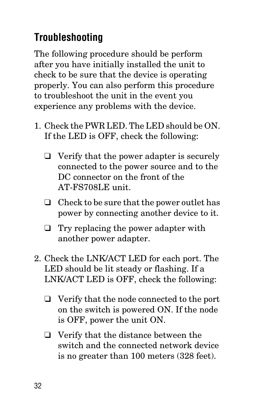 Troubleshooting | Allied Telesis AT-FS708LE User Manual | Page 32 / 50