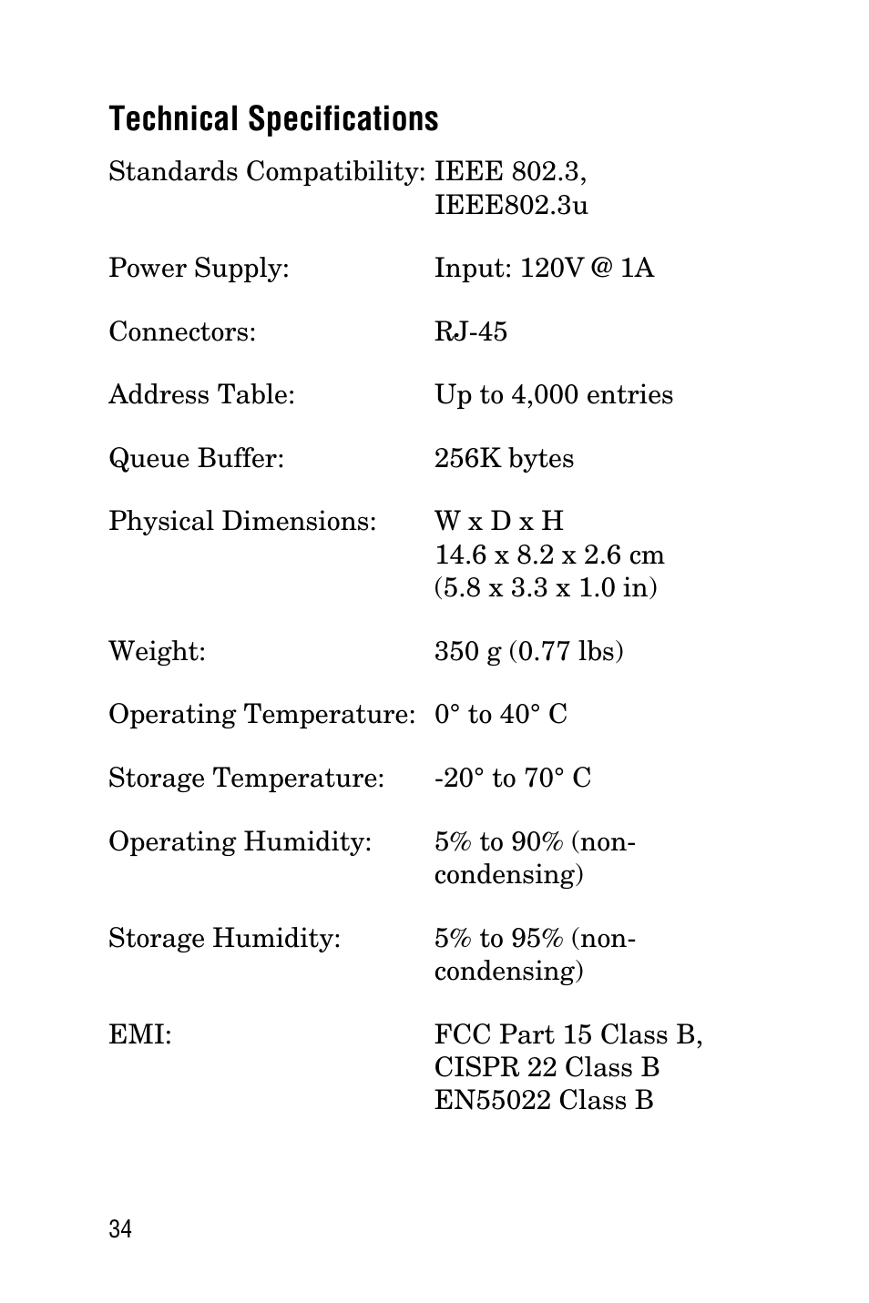 Technical specifications | Allied Telesis AT-FS708LE User Manual | Page 34 / 50