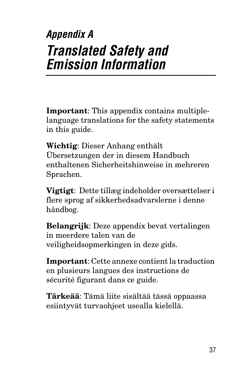Appendix a, Translated safety and emission information | Allied Telesis AT-FS708LE User Manual | Page 37 / 50