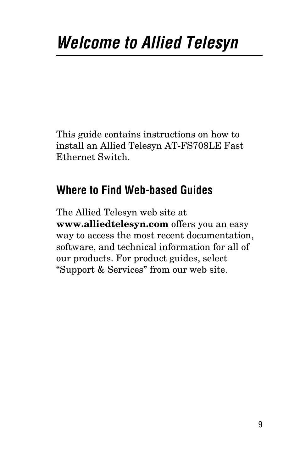 Welcome to allied telesyn, Where to find web-based guides | Allied Telesis AT-FS708LE User Manual | Page 9 / 50