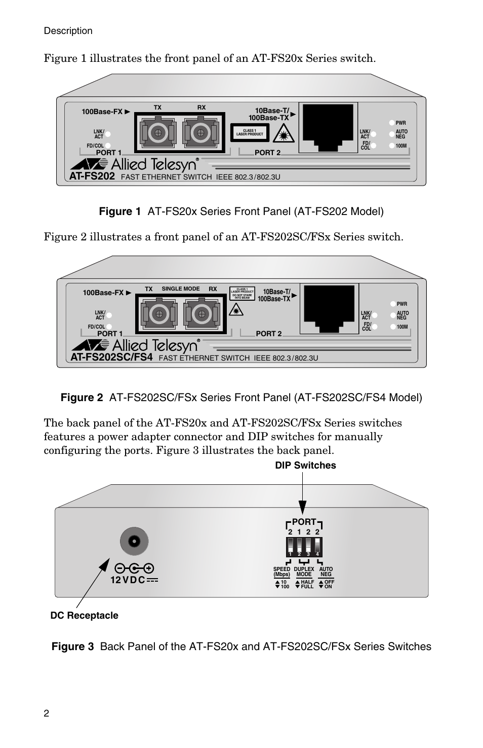 At-fs202, At-fs202sc/fs4, Description 2 | 12 v d c, Dip switches dc receptacle, Port | Allied Telesis AT-FS202SC/FS4 User Manual | Page 10 / 44