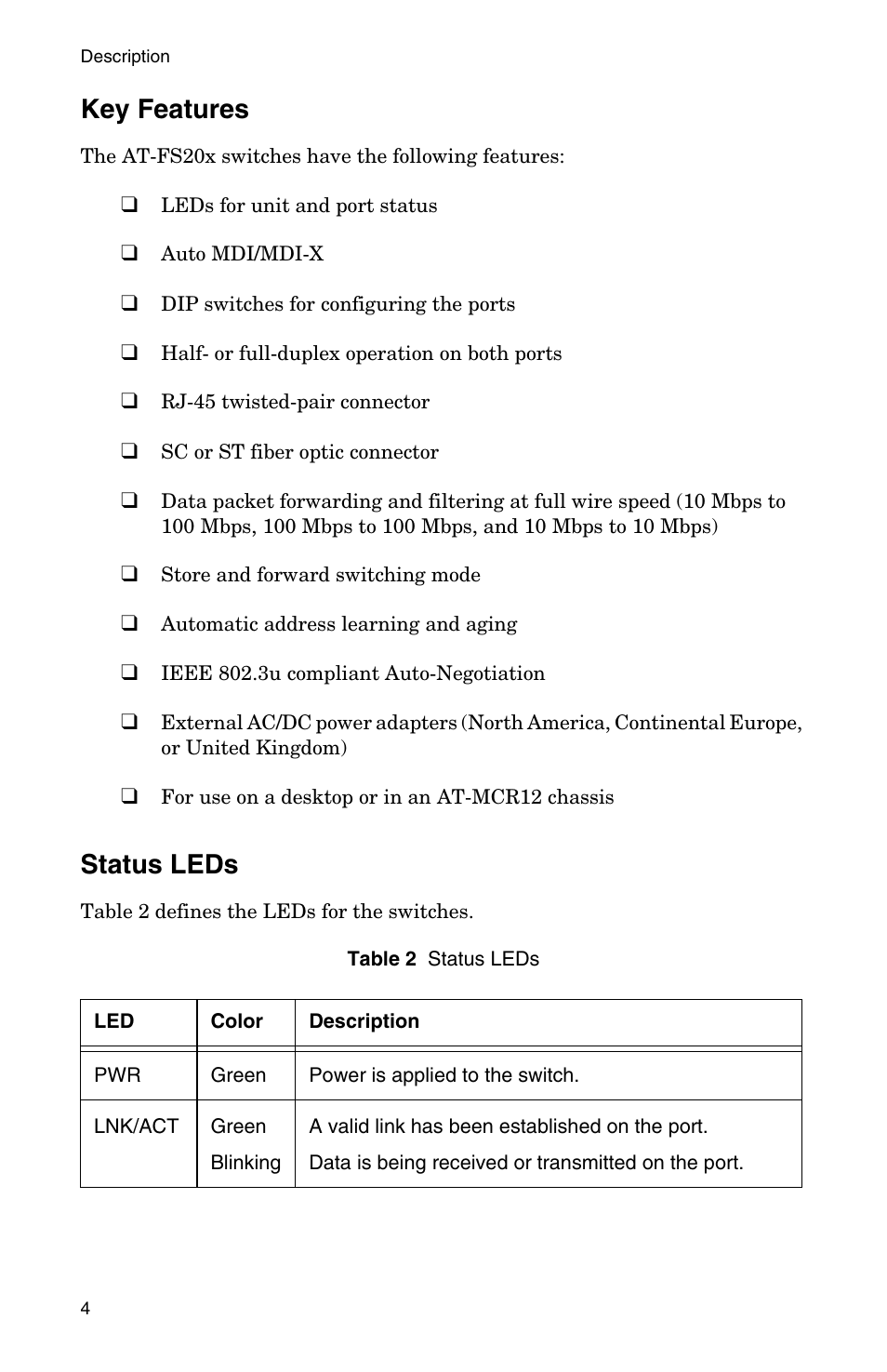 Key features, Status leds | Allied Telesis AT-FS202SC/FS4 User Manual | Page 12 / 44