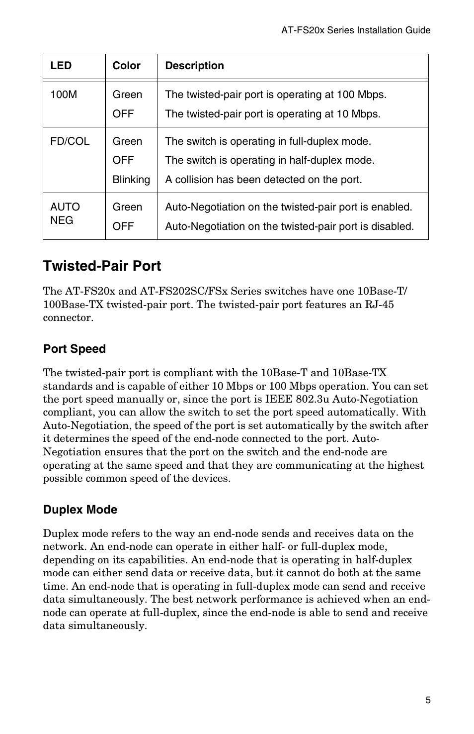 Twisted-pair port, Port speed, Duplex mode | Allied Telesis AT-FS202SC/FS4 User Manual | Page 13 / 44