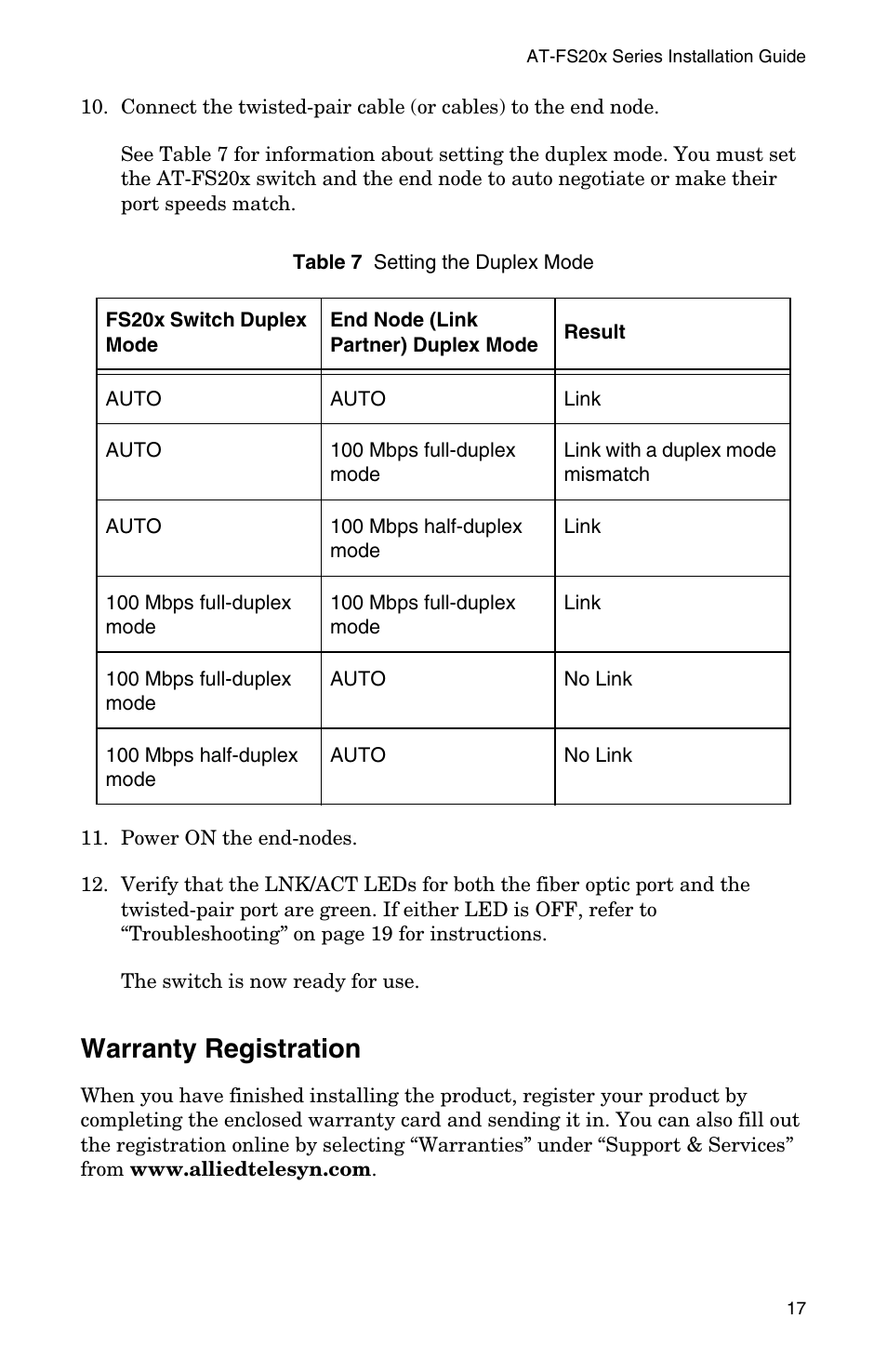 Warranty registration | Allied Telesis AT-FS202SC/FS4 User Manual | Page 25 / 44