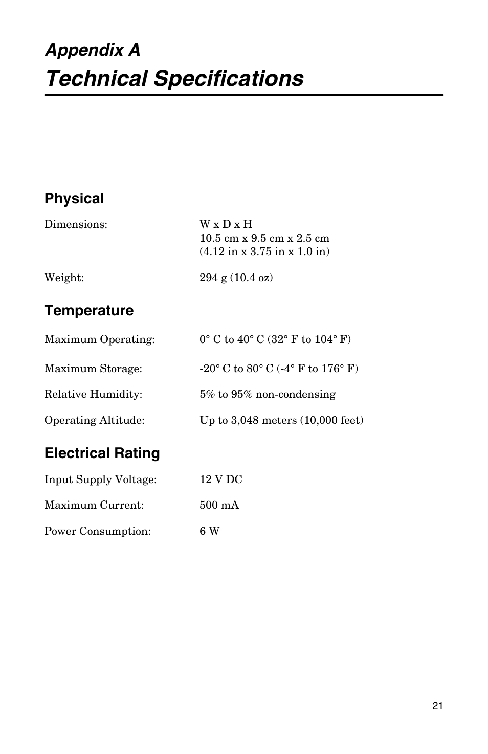 Appendix a, Technical specifications, Physical | Temperature, Electrical rating | Allied Telesis AT-FS202SC/FS4 User Manual | Page 29 / 44
