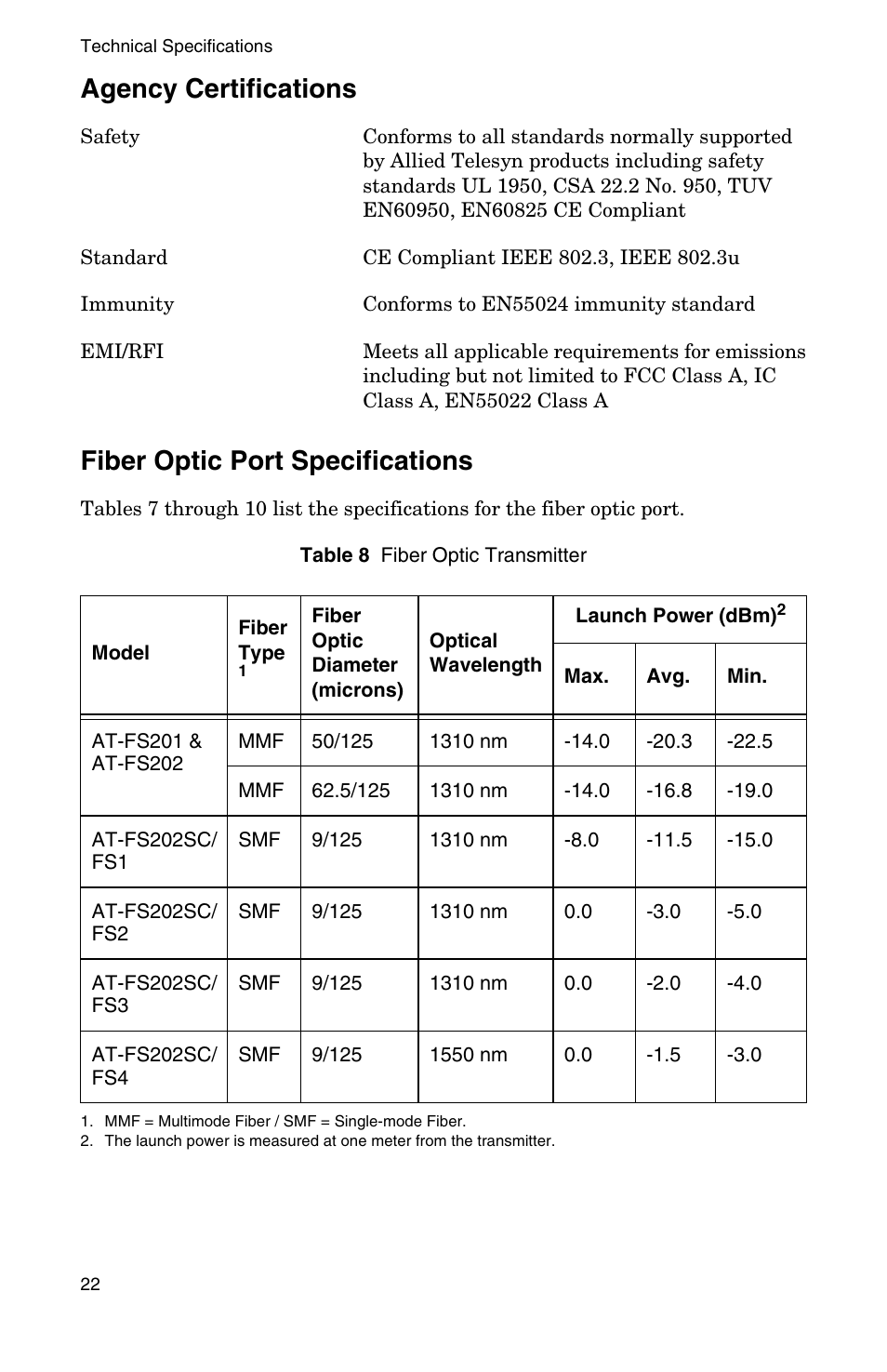 Agency certifications, Fiber optic port specifications | Allied Telesis AT-FS202SC/FS4 User Manual | Page 30 / 44