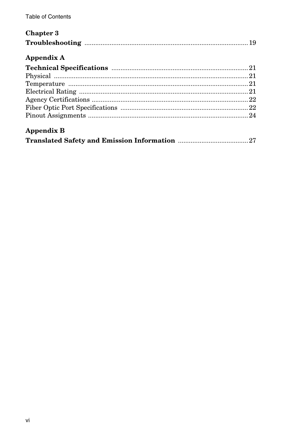 Troubleshooting 19, Technical specifications 21, Translated safety and emission information 27 | Allied Telesis AT-FS202SC/FS4 User Manual | Page 6 / 44