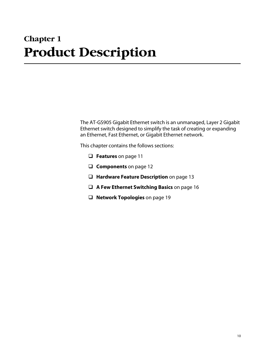 Chapter 1, Product description, Chapter 1 , product description | Allied Telesis AT-GS905 User Manual | Page 10 / 49