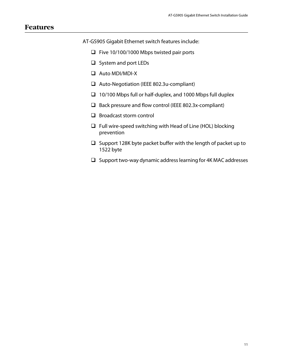 Features | Allied Telesis AT-GS905 User Manual | Page 11 / 49