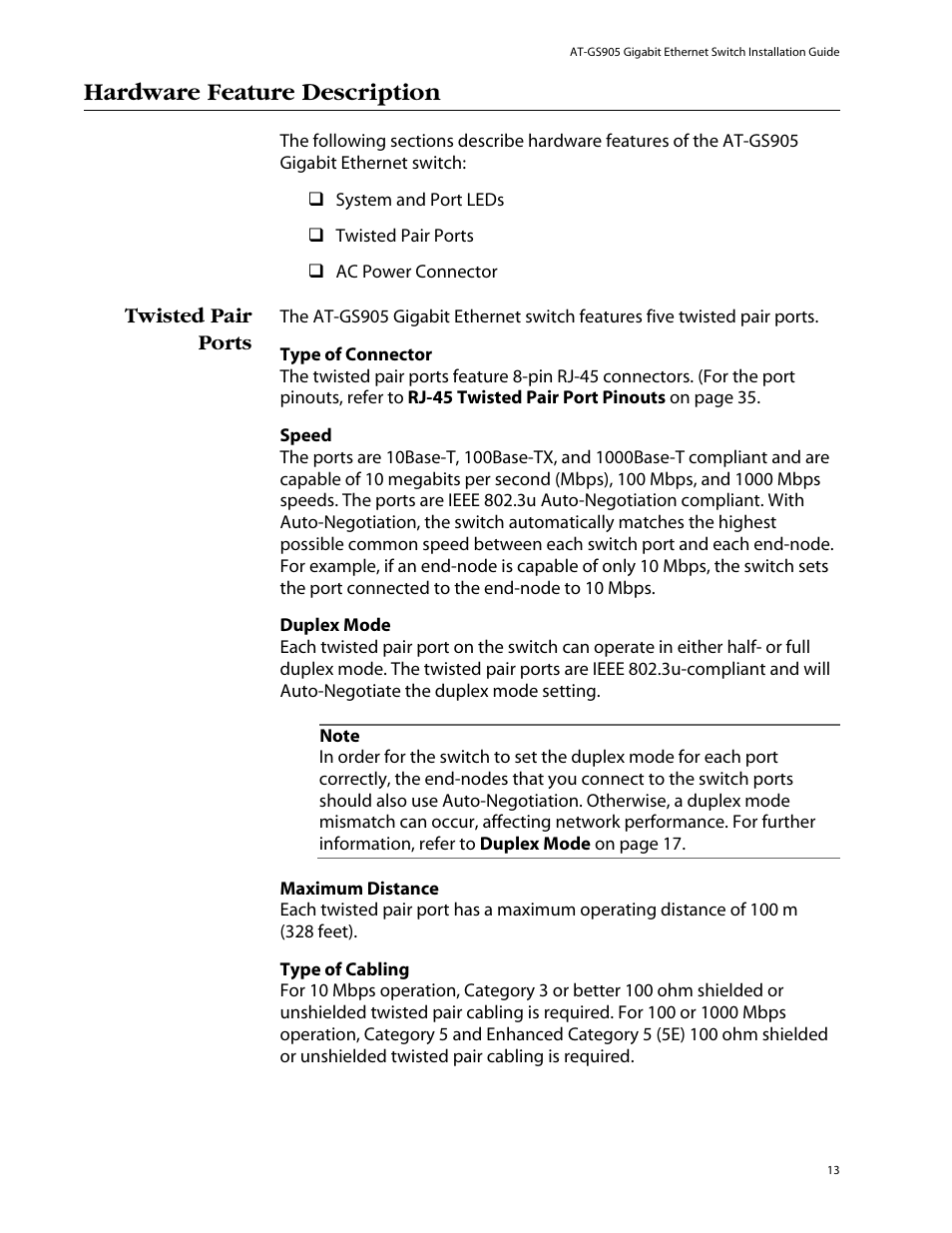 Hardware feature description, Twisted pair ports | Allied Telesis AT-GS905 User Manual | Page 13 / 49