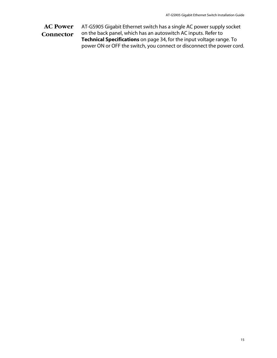 Ac power connector | Allied Telesis AT-GS905 User Manual | Page 15 / 49