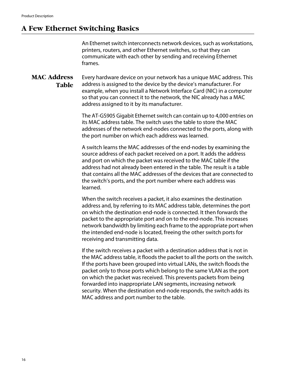 A few ethernet switching basics, Mac address table | Allied Telesis AT-GS905 User Manual | Page 16 / 49