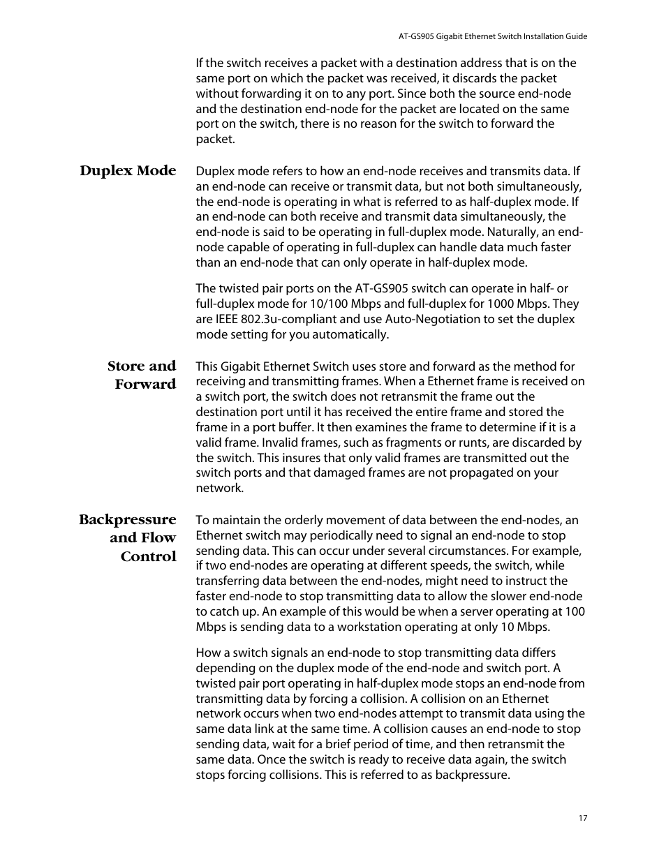 Duplex mode, Store and forward, Backpressure and flow control | Allied Telesis AT-GS905 User Manual | Page 17 / 49