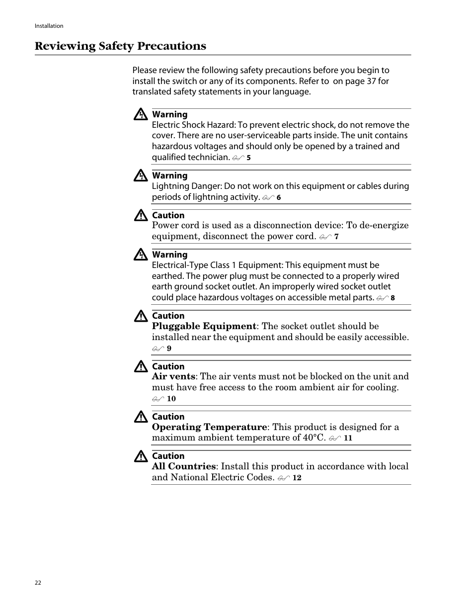 Reviewing safety precautions | Allied Telesis AT-GS905 User Manual | Page 22 / 49