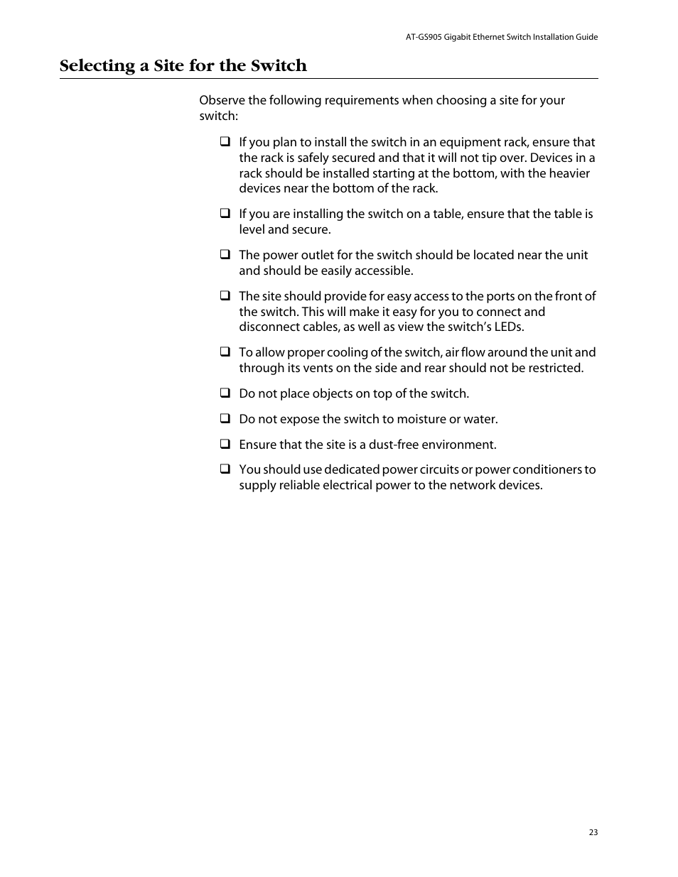 Selecting a site for the switch | Allied Telesis AT-GS905 User Manual | Page 23 / 49