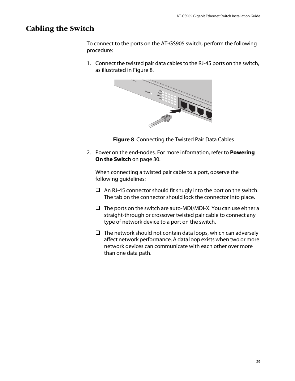 Cabling the switch | Allied Telesis AT-GS905 User Manual | Page 29 / 49