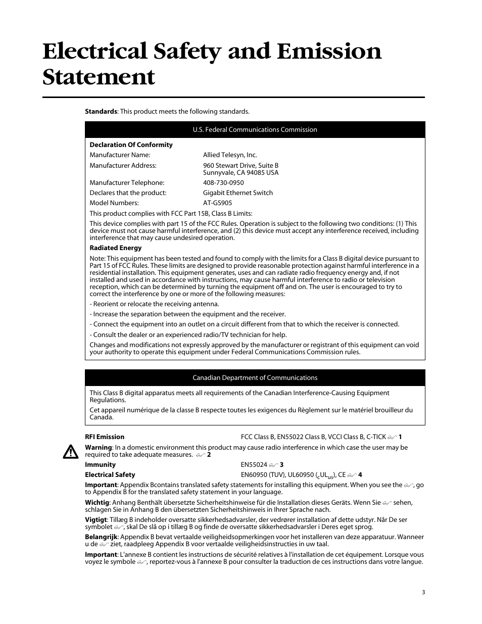 Electrical safety and emission statement | Allied Telesis AT-GS905 User Manual | Page 3 / 49