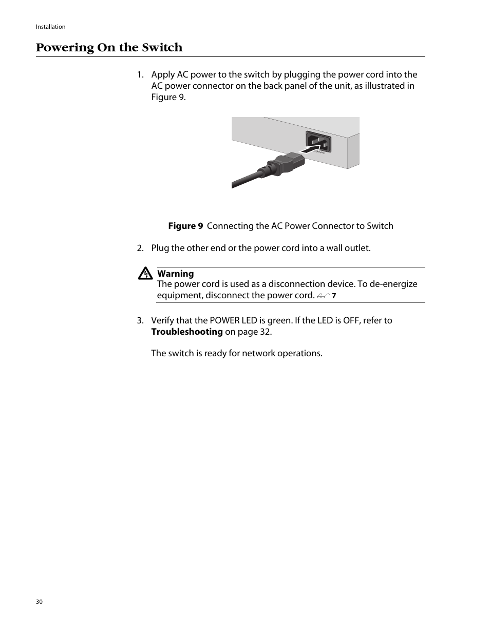 Powering on the switch | Allied Telesis AT-GS905 User Manual | Page 30 / 49