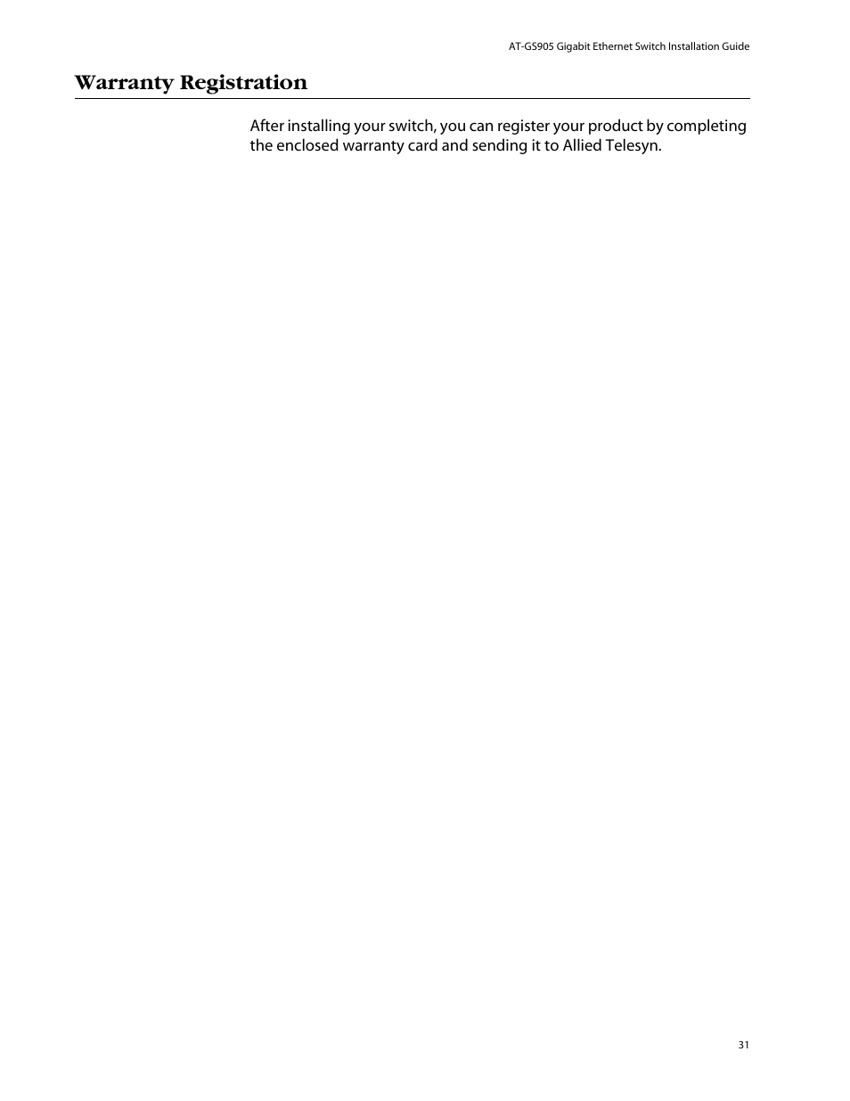 Warranty registration | Allied Telesis AT-GS905 User Manual | Page 31 / 49