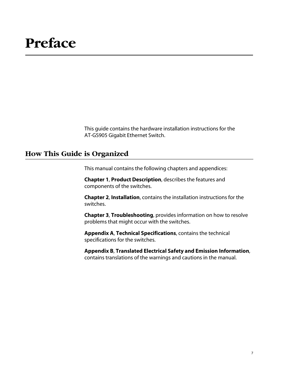 Preface, How this guide is organized | Allied Telesis AT-GS905 User Manual | Page 7 / 49