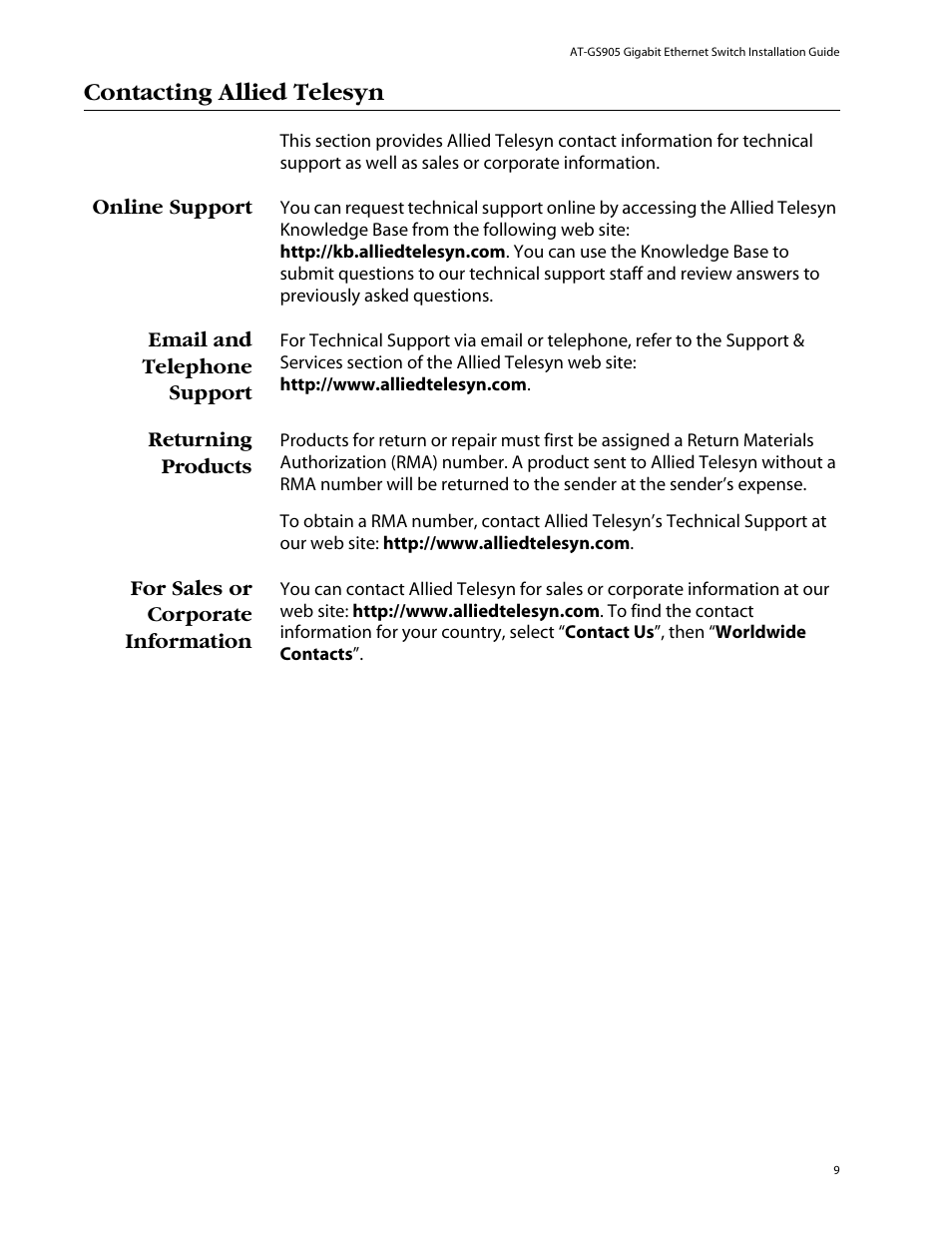 Contacting allied telesyn, Online support, Email and telephone support | Returning products, For sales or corporate information | Allied Telesis AT-GS905 User Manual | Page 9 / 49