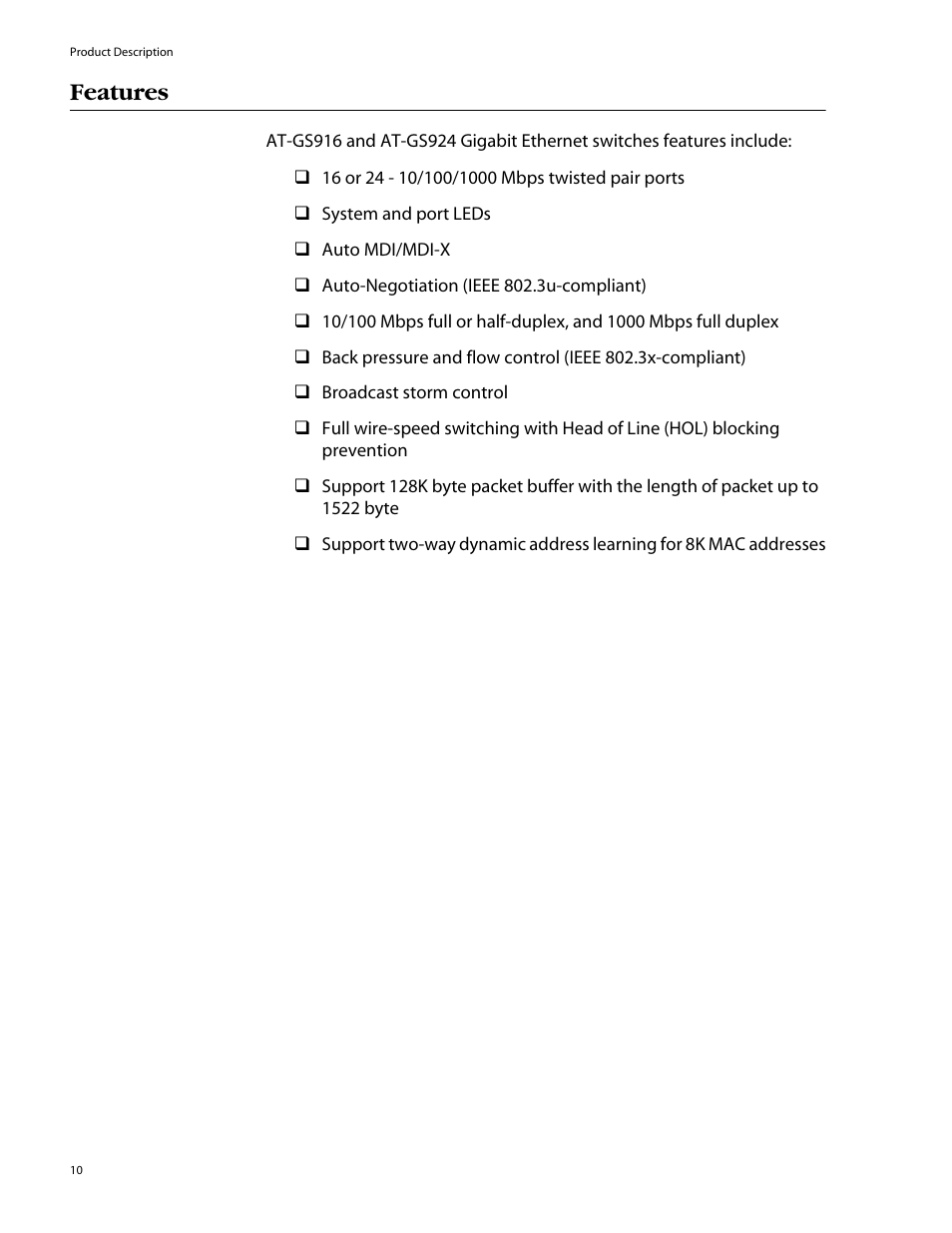Features | Allied Telesis AT-GS924 User Manual | Page 10 / 50