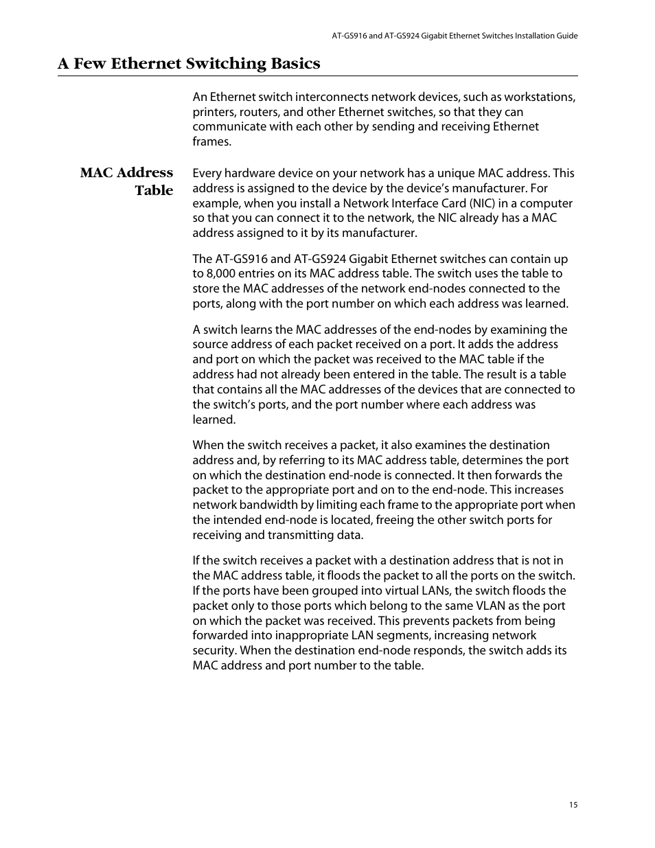 A few ethernet switching basics, Mac address table | Allied Telesis AT-GS924 User Manual | Page 15 / 50