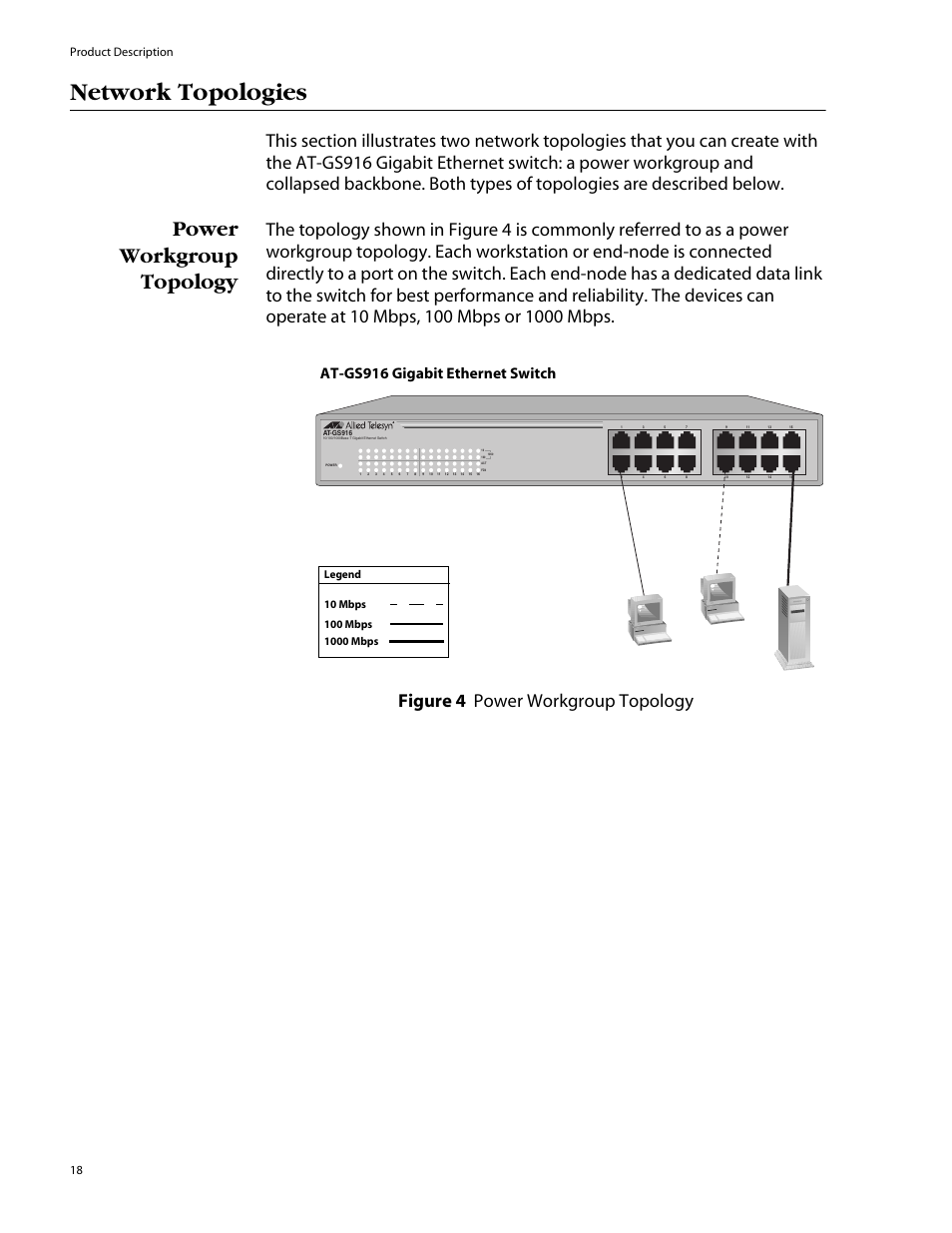 Network topologies, Power workgroup topology, At-gs916 gigabit ethernet switch | Product description 18 | Allied Telesis AT-GS924 User Manual | Page 18 / 50