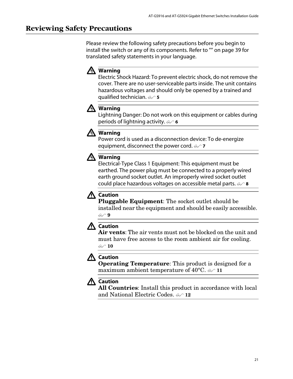 Reviewing safety precautions | Allied Telesis AT-GS924 User Manual | Page 21 / 50