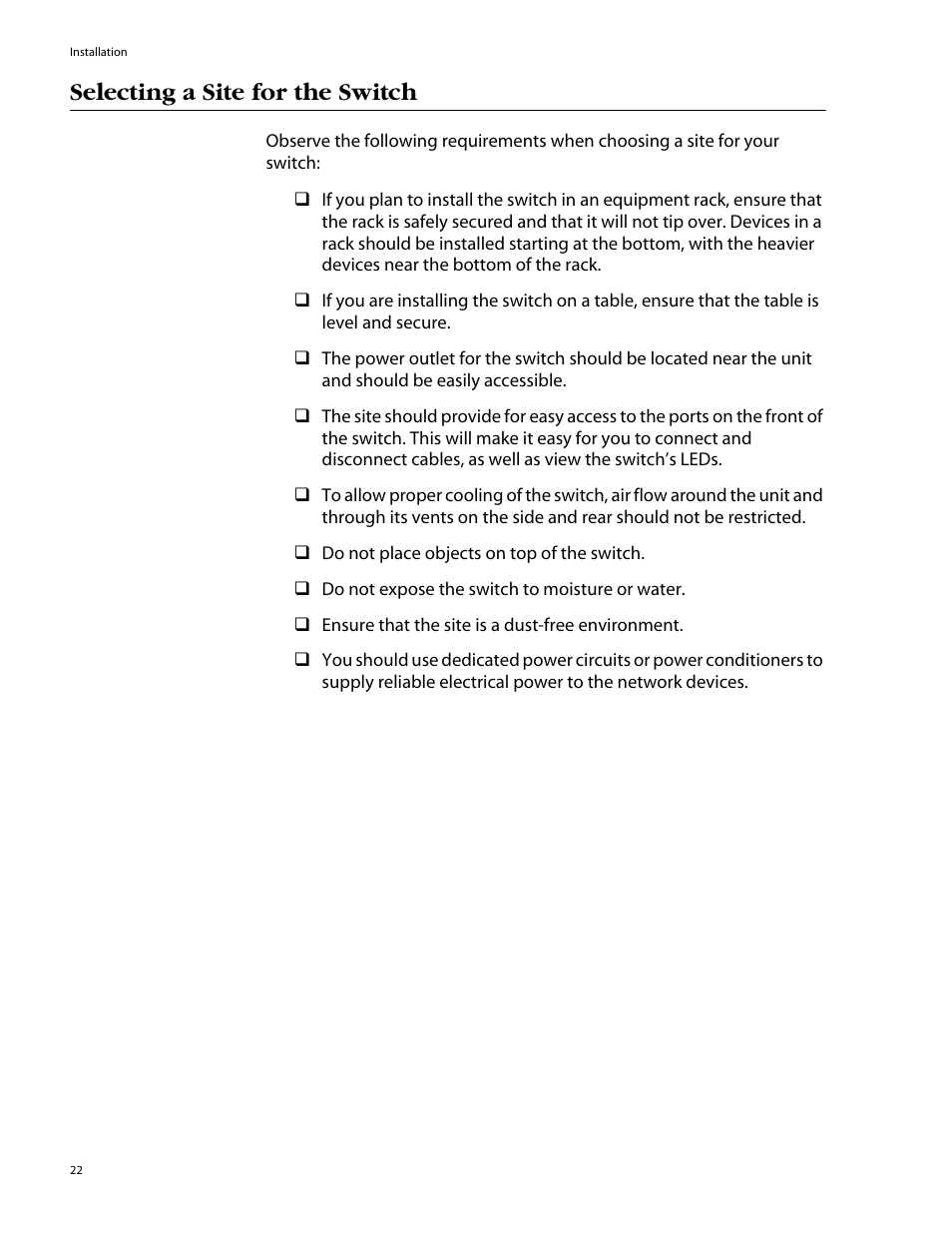 Selecting a site for the switch | Allied Telesis AT-GS924 User Manual | Page 22 / 50