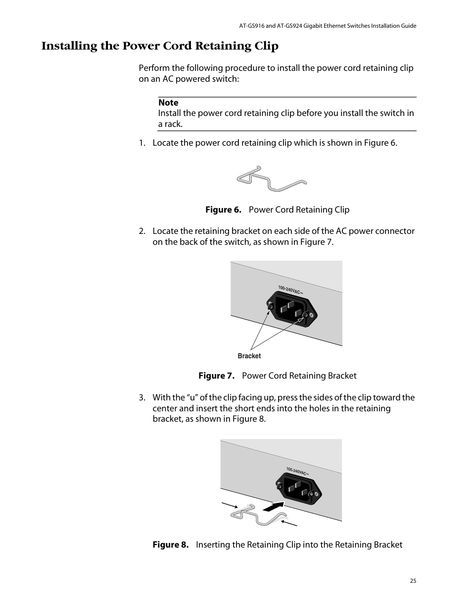 Installing the power cord retaining clip | Allied Telesis AT-GS924 User Manual | Page 25 / 50
