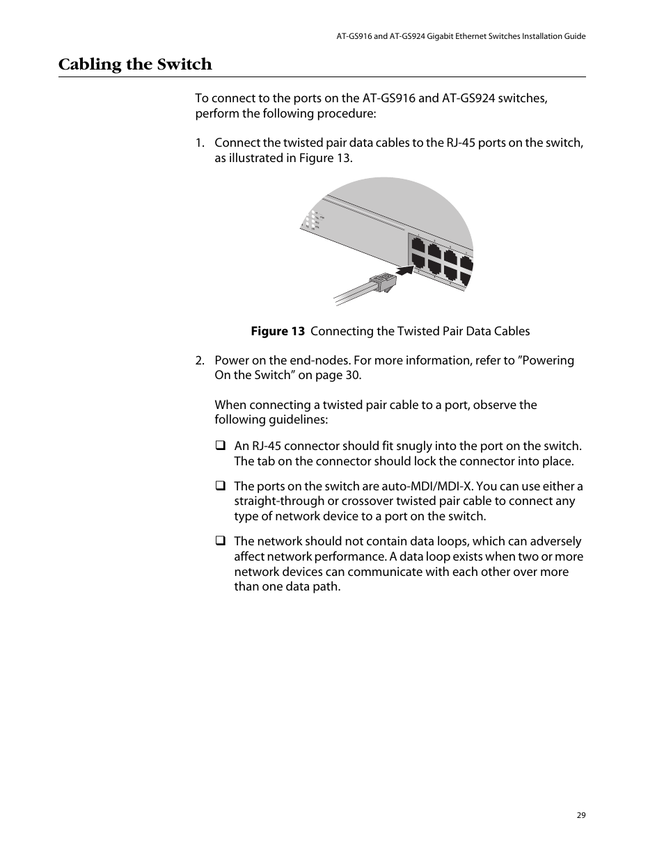 Cabling the switch | Allied Telesis AT-GS924 User Manual | Page 29 / 50