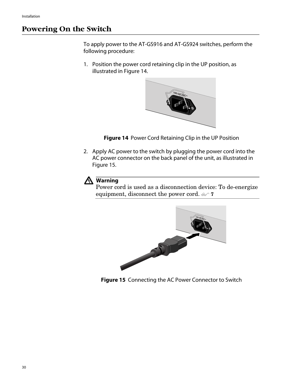 Powering on the switch | Allied Telesis AT-GS924 User Manual | Page 30 / 50