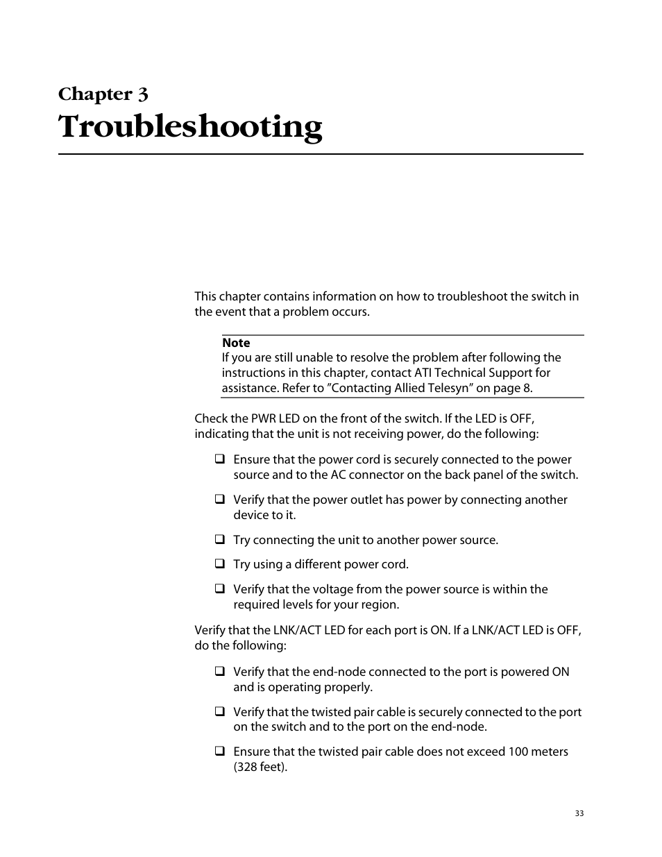Chapter 3, Troubleshooting, Chapter 3 , ”troubleshooting”, provides in | Allied Telesis AT-GS924 User Manual | Page 33 / 50