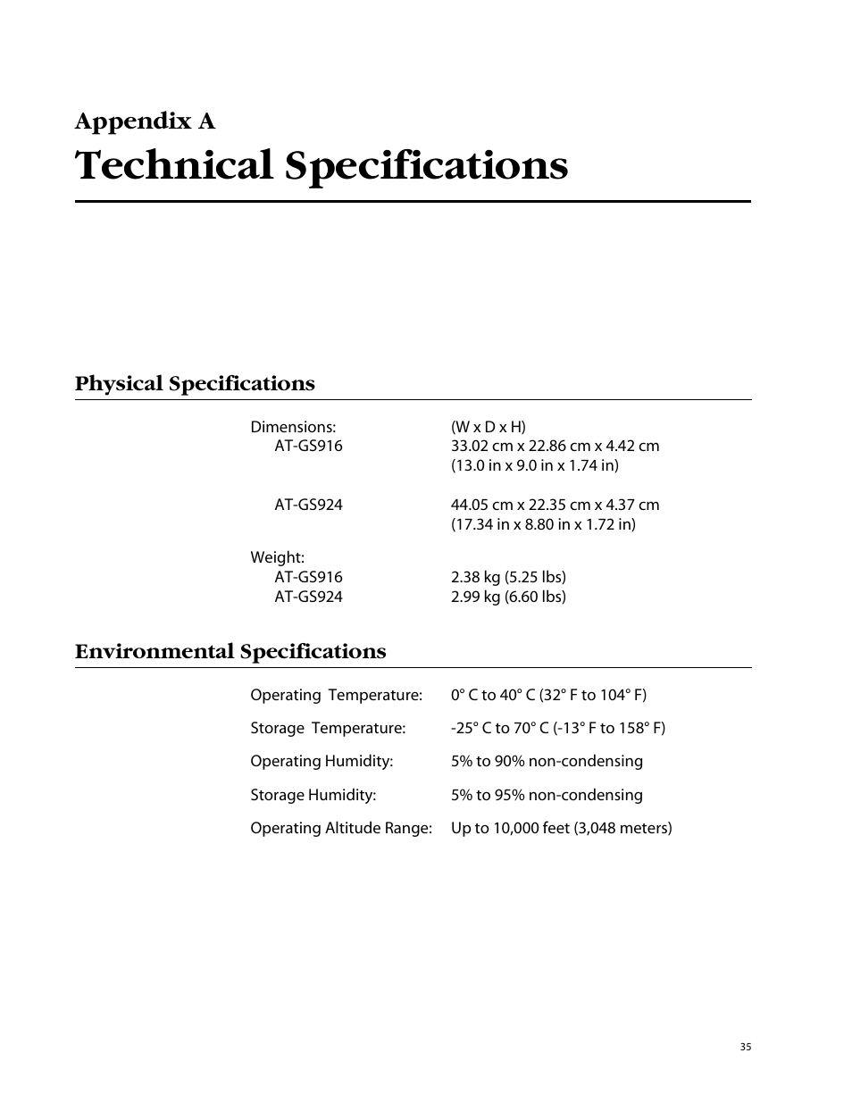Appendix a, Technical specifications, Physical specifications | Environmental specifications | Allied Telesis AT-GS924 User Manual | Page 35 / 50